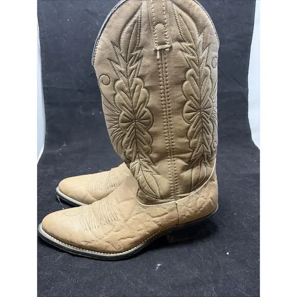 Vintage Boots Mens 9 D Western Cowboy Tan Faux Leather Pull On Mid-Calf Block - Picture 5 of 8